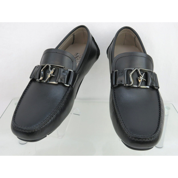 FERRAGAMO PETER BLACK LEATHER SF LOGO BUCKLE MOCCASIN DRIVING LOAFERS 8.5 EE main image 5